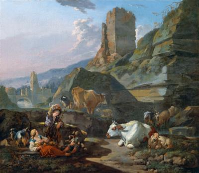 A family of shepherds and their flock in a mountain landscape