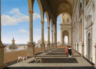 A palace colonnade with elegant figures