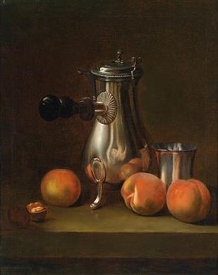 A still life with peaches, walnuts and a silver verseuse and a beaker