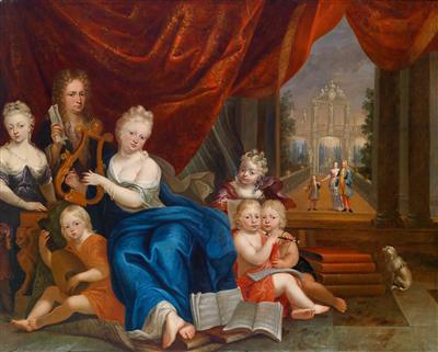 Portrait of the Pangaert d'Opdorp family playing music with a garden in the background