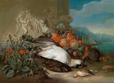 A pair of hunting still lifes with game, a bouquet of flowers and fruits in a vast landscape, one against a stone relief with playing putti