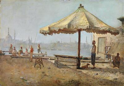 Along the Golden Horn, Constantinople by Leonardo De Mango - Auction record, sale price, and art valuation. Compare with similar artists and explore comparable artworks.