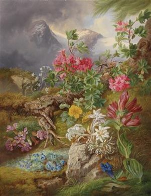 Alpine Flowers set against a mountain background by Josef Schuster - Auction record, sale price, and art valuation. Compare with similar artists and explore comparable artworks.