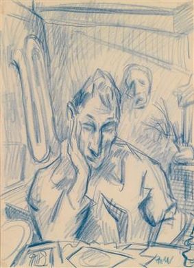 Portrait of Rudolf Wacker: Self-portrait with mask in the background, circa 1923