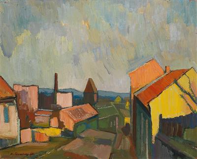 Village with yellow house