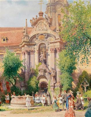 Courtyard of the Monastery at Dürnstein by Heinrich Tomec - Auction record, sale price, and art valuation. Compare with similar artists and explore comparable artworks.