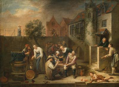 Card players outside a tavern; and Merry-making party with a nursing woman in front of a tavern (2)