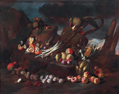 Mushrooms, plums, peaches, cherries, pears, asparagus, chestnuts and a parrot in a landscape; and Mushrooms, cabbage, chestnuts, apples, a shell, lemons, snails, fishes and a note sheet in a landscape (2)