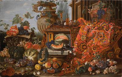 Still life with fruit, a Corinthian capital, a decorated vase and a carpet in an open garden