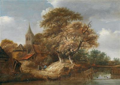 A village by a river, with rural staffage