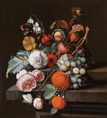 Still life of flowers and fruits with butterflies