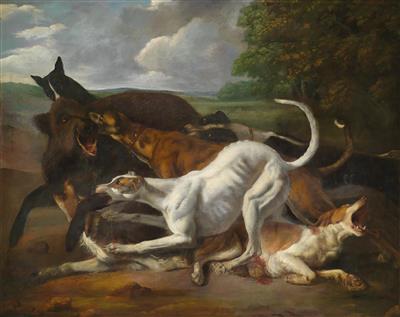 Hounds attacking a wild boar