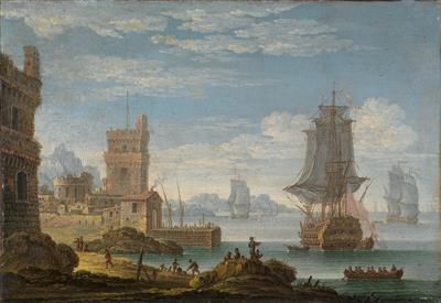 Mediterranean coastal landscape with war ships at anchor by Jan Van Bunnik - Auction record, sale price, and art valuation. Compare with similar artists and explore comparable artworks.