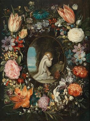 A garland of flowers surrounding a medallion with Saint Bernard of Clairvaux in prayer by Jan Brueghel II and Frans Francken III - Auction record, sale price, and art valuation. Compare with similar artists and explore comparable artworks.