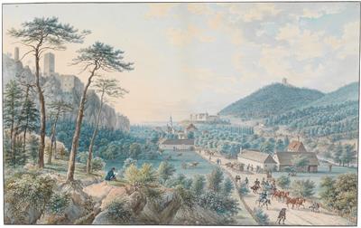The ruins of the fortresses Rauhenstein and Rauheneck near Baden in the Vienna Woods, and A view from the Helenental to the Weilburg