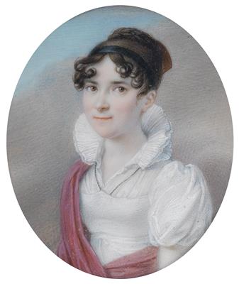 A half-length portrait of a young lady in a whitedress and a pink cape against a cloudy background