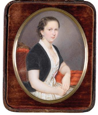 A portrait of a young woman in a white silk dress and black jacket, seated in an armchair by Patritius Kittner - Auction record, sale price, and art valuation. Compare with similar artists and explore comparable artworks.