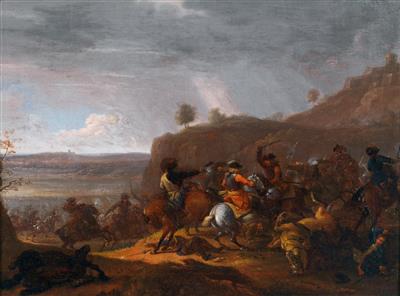 A cavalry engagement against a landscape backdrop