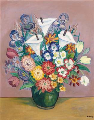 Bouquet of flowers with three callas, irises, tulips, dahlias by Rudolf Richly - Auction record, sale price, and art valuation. Compare with similar artists and explore comparable artworks.