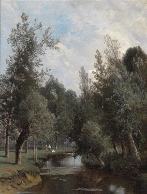 Wooded Landscape with Stream and decorative figures