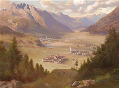 "Das Thal von Samaden mit dem Piz Albula und den Orten Samaden, Cresta, Allerina. Thalschluß gegen Tarasp. Schweiz. Engadin" & landscape study with view of the Gosausee and the Dachstein (?) (2) by Adolf Obermullner - Auction record, sale price, and art valuation. Compare with similar artists and explore comparable artworks.