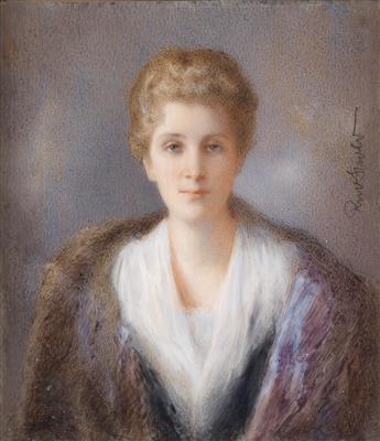 A portrait of a blond lady in a blue cape and with a fur collar
