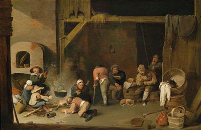 A barn interior with peasants eating and warming themselves by an open fire
