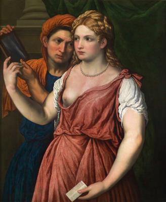 Young lady with a mirror and a female servant