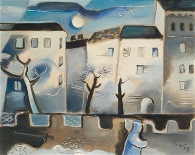 Row of houses with a blue figure by Ernst Paar - Auction record, sale price, and art valuation. Compare with similar artists and explore comparable artworks.