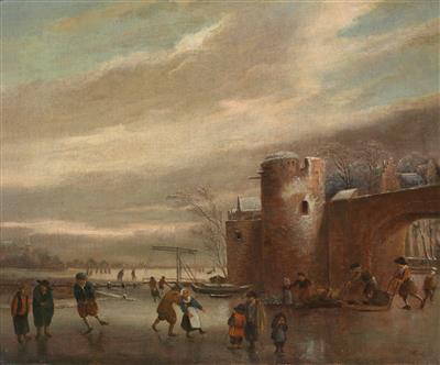 Ice skaters outside a fortified town