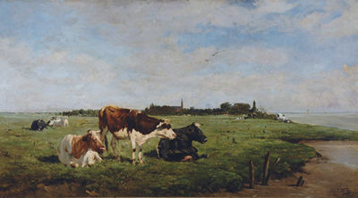 POLDER LANDSCAPE WITH CATTLE NEAR THE BANK