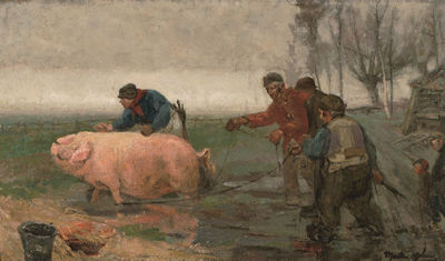 THE SACRICE (THE SLAUGHTER OF THE PIGS) by Marten Melsen - Auction record, sale price, and art valuation. Compare with similar artists and explore comparable artworks.