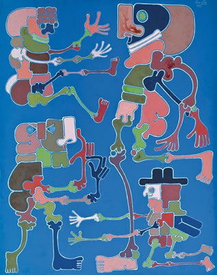 QUATRE PERSONNAGES AGITÉS SUR FOND BLEU (1971)