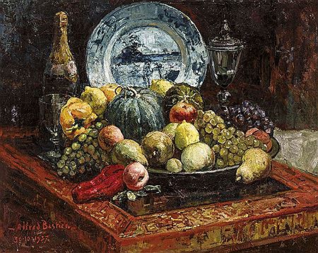 Nature morte aux fruits et bouteille de champagne