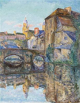 Pont et église ensoleillés du sud de la France
