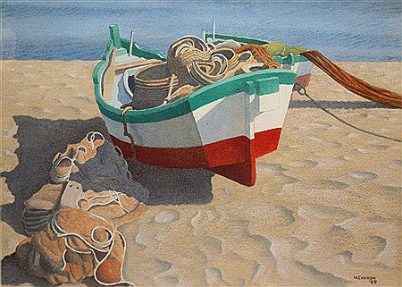 FISHING BOAT ON BURRIANA BEACH, NERJA by William Carron - Auction record, sale price, and art valuation. Compare with similar artists and explore comparable artworks.