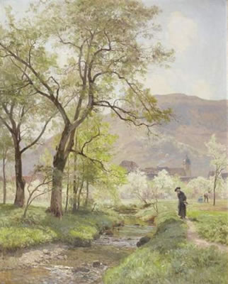 PAYSAGE DU DOUBS AVEC PAYSANS ET CURE EN BORD DE RIVIERE