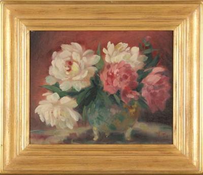 A still life of white and pink peonies in a demure rose bowl