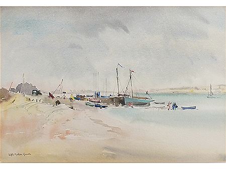 FIGURES ON A BEACH WITH FISHING AND PLEASURE BOATS by Sybil Mullen Glover - Auction record, sale price, and art valuation. Compare with similar artists and explore comparable artworks.