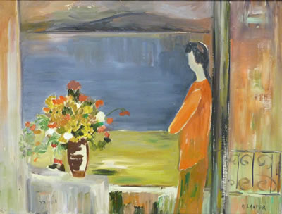 A woman looking out a window at a lake and mountains
