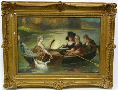 Marie Antoinette and 3 friends riding in her boat, named 'Trianon'