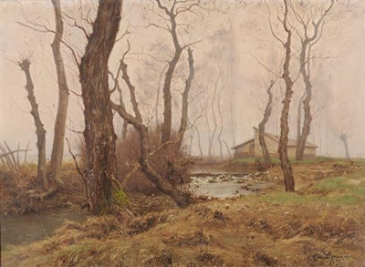 Brume d'automne, femme au bord de la rivière