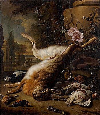 Trophée de chasse au lièvre, au bruant jaune, martin-pêcheur et deux perdrix devant un vase de pierre sculpté et une rose trémière