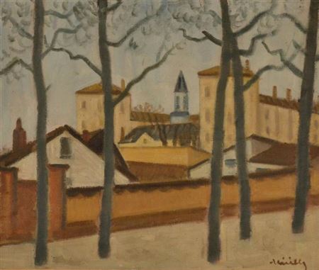 Paysage urbain aux grands arbres en hiver
