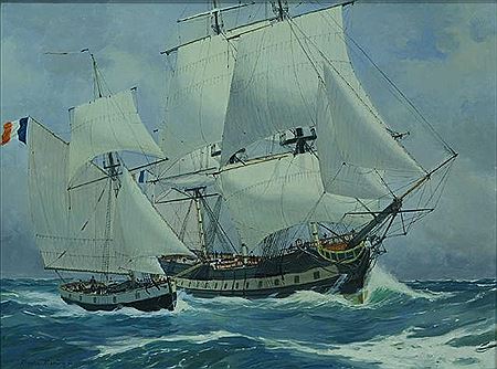 Barque sous voiles devant le trois mâts