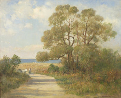 Salt Hayer, depicting a man with horse on a seaside dirt road with tree by Charles Cahoon - Auction record, sale price, and art valuation. Compare with similar artists and explore comparable artworks.