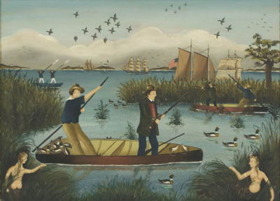 Duck hunters in a marsh, depicting two hunters in a rowboat passing by two mermaids peering out of the marsh grass