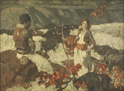 Man and woman hiking by Daniel Content - Auction record, sale price, and art valuation. Compare with similar artists and explore comparable artworks.