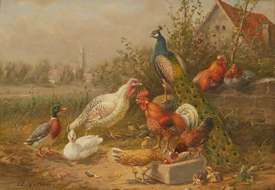 FARMYARD SCENE WITH PEACOCKS, DUCKS, AND CHICKENS