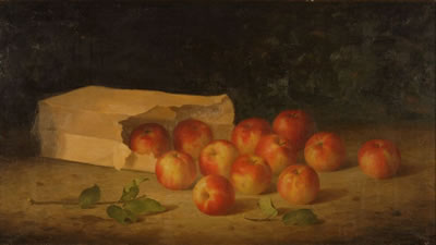 APPLES SPILLING OUT OF A PAPER BAG